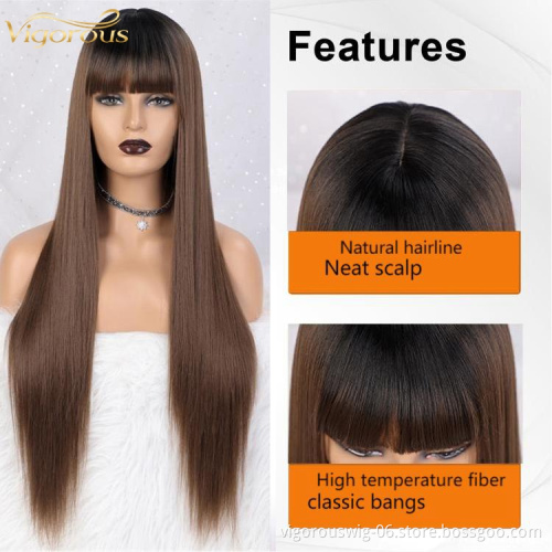 Vigorous Wholesale Price Long Silky Straight Wig With Bangs Ombre Brown Heat Resistant Fiber Synthetic Hair Frontal Lace Wigs